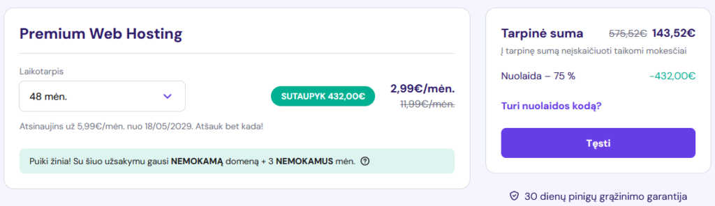 Hostinger Premium planas be nuolaidos